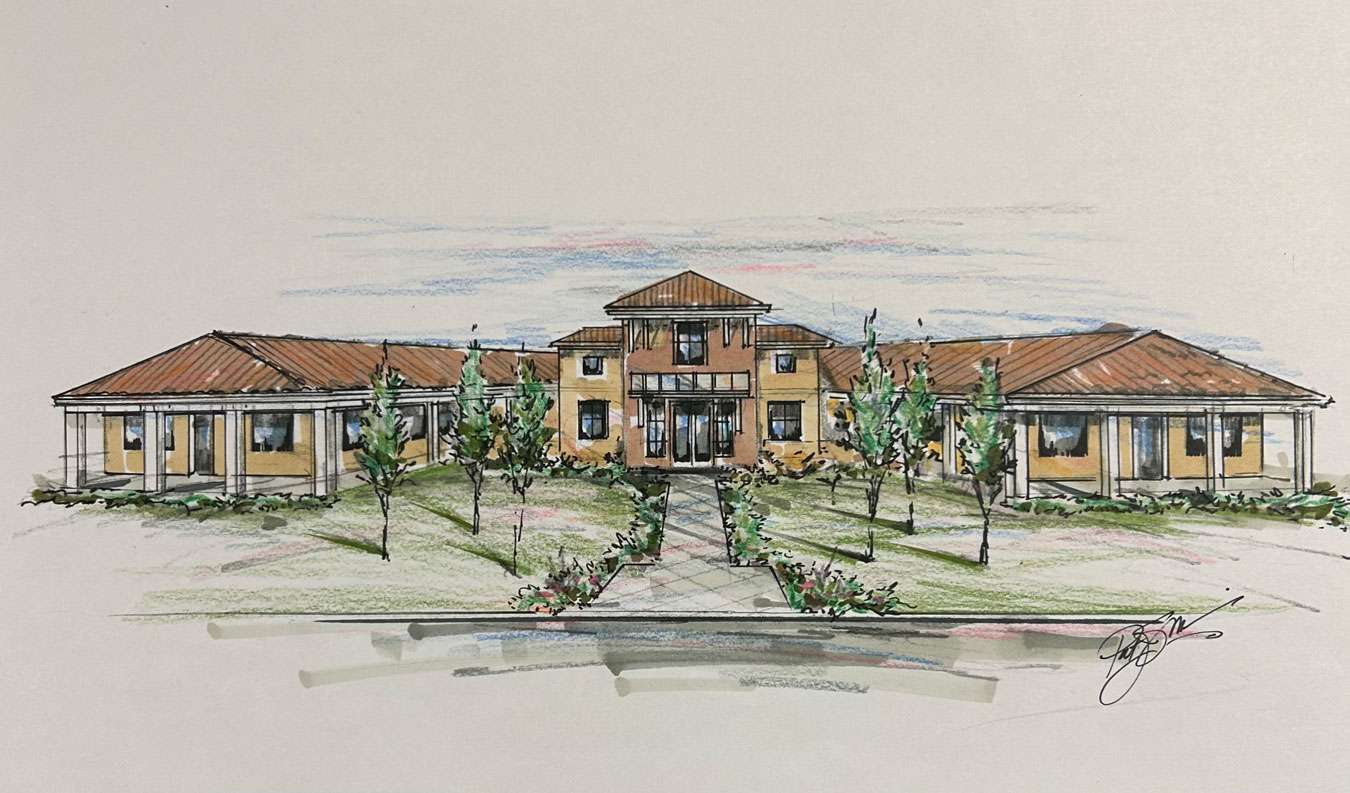 hope-house-header-img-web-ready Hand-drawn architectural rendering of single-story building with red-tiled roof, central entrance, and landscaped path.